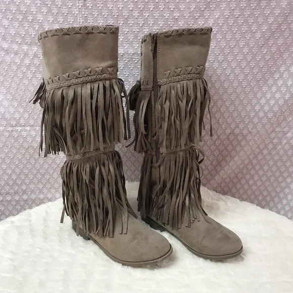 Justice Shoes Justice Double Fringe Mid Calf Khaki Boots